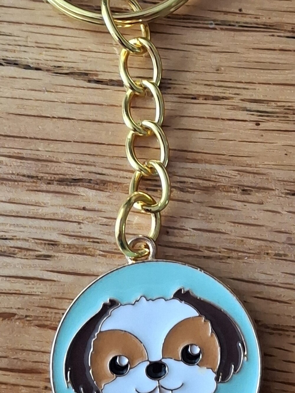 Cute Shih Zuh Puppy Enamel Keychain - Turquoise & Gold